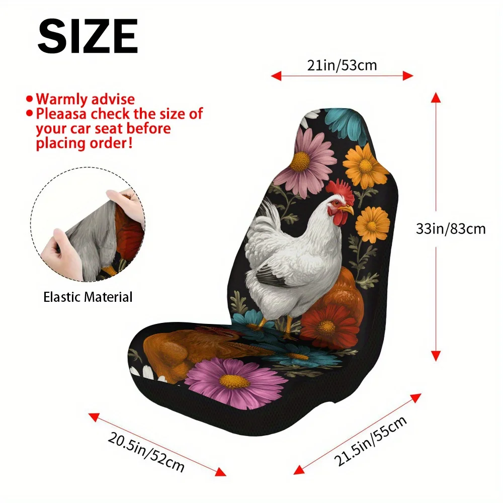 2pcs Farmhouse Chicken & Daisy Print Car Seat Covers - Fit For Cars, Trucks, Vans, SUVs - Durable Polyester Seat Protectors With
