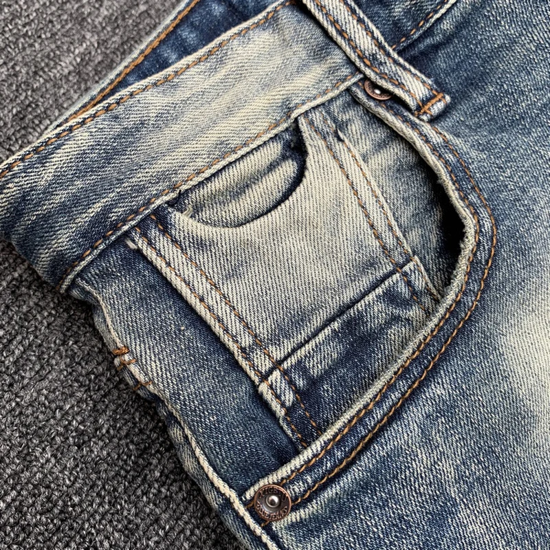 하이 퀄리티 레트로 워싱 신축성 청바지, 슬림핏 찢어진 청바지, 빈티지 캐주얼 데님 바지, 패션 디자이너