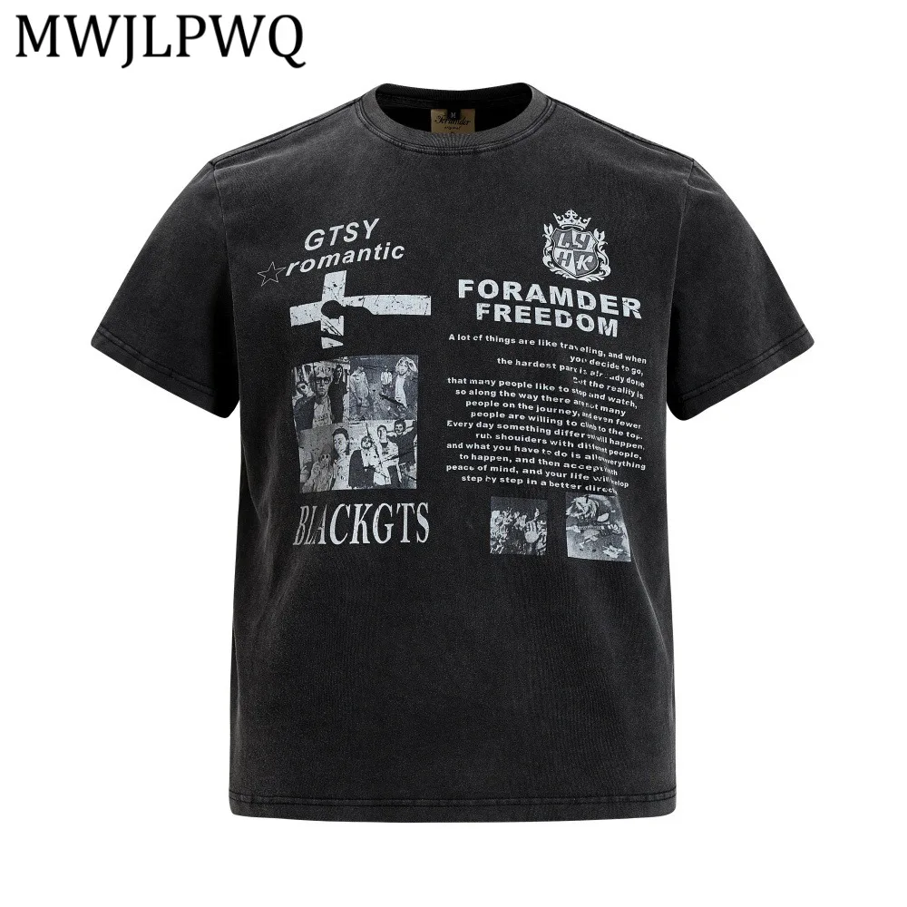 

MWJLPWQ Print Short-Sleeve T-Shirt For Men Vintage Distressed American Style Trendy Round Collar Tops New Loose Casual Tee 15257
