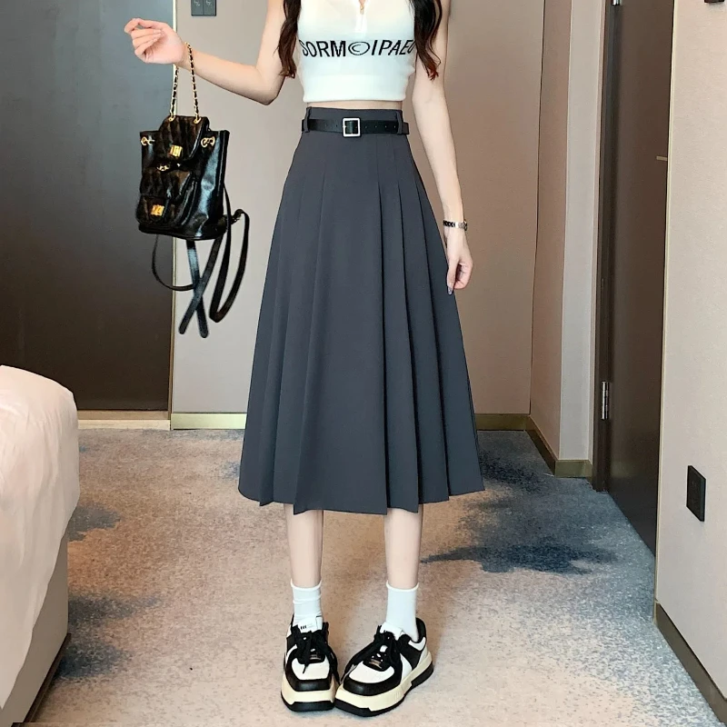 Short Grey Suit Pleated Skirt for Women with High Waist and Slimming Effect Mid Length A-line Skirt