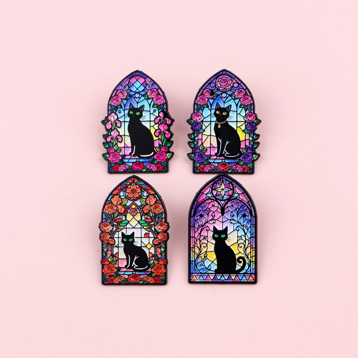 نافذة ملونة القط الأسود الرجال النساء دبابيس التلبيب دبابيس لحقيبة الظهر لينة المينا دبابيس شارات مجوهرات اكسسوارات #6