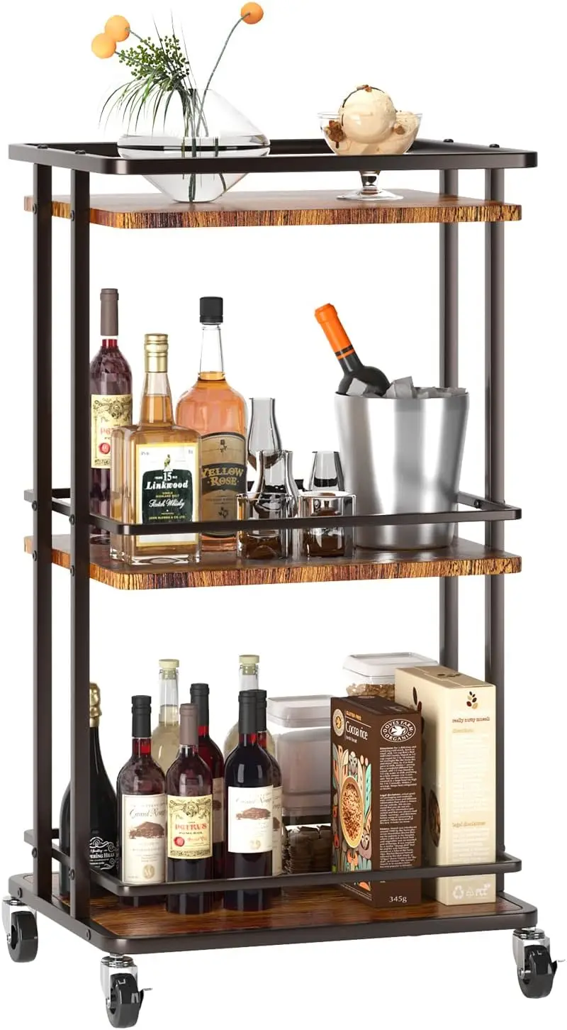 3 Tier Bar Cart for Home, Rolling Mini Liquor Bar for Wine Beverage Dinner Party, Utility Kitchen Storage Island Serving Cart