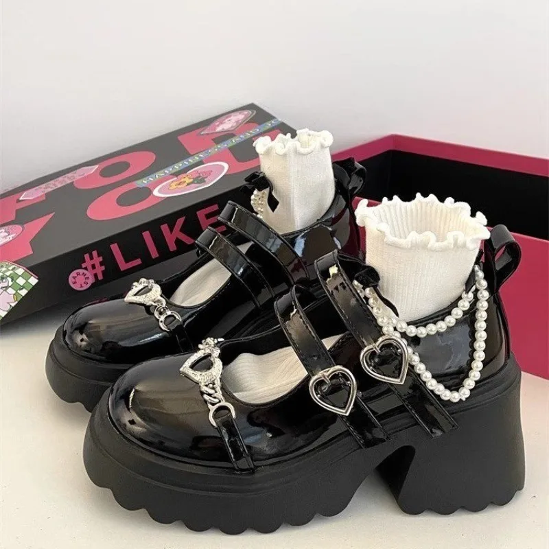 Buty Mary Jane Damskie Czółenka Średni Obcas Platforma Kawaii Lolita Moda Okrągły Nosek Dziewczęce Szkoła Gotyckie