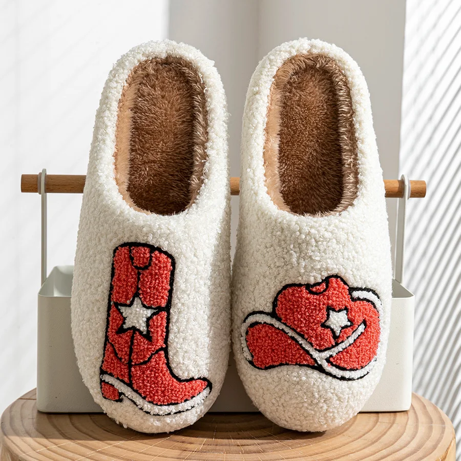 Country Cowboy Style Women's Slippers Hat and Boot Cowgirl Bedroom Exquisite Winter Warm Breathable Anti-slip Plush Houseshoes