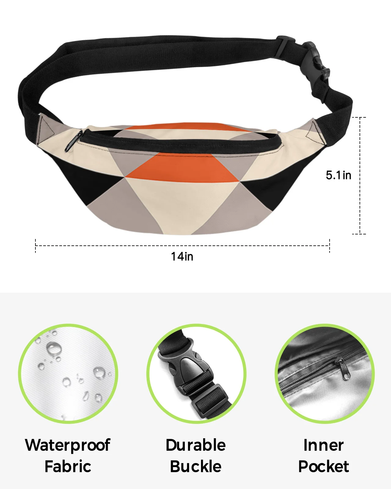 Orange Black Rhombus Triangle Geometry Waist Packs Shoulder Bag Unisex Messenger Bag Casual Fashion Fanny Pack for Women