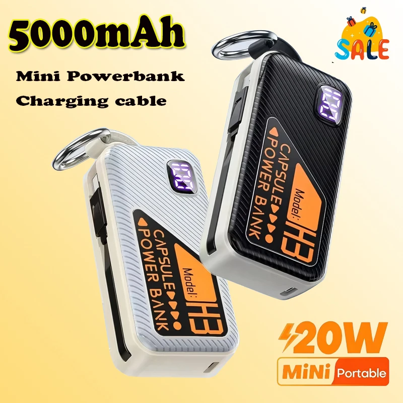 

Мини-Powerbank 5000 мАч Встроенный кабель PD 20 Вт Портативное зарядное устройство Быстрая зарядкаВнешняя батарея для IPhone 15 Samsung Xiaomi