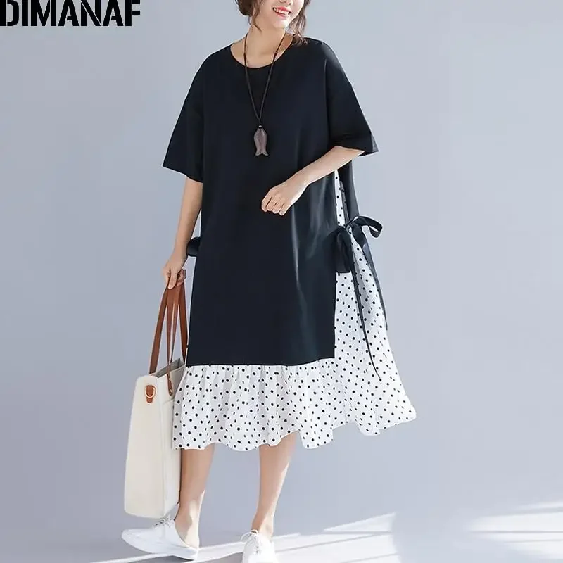 

DIMANAF Plus Size Women Dress Summer Sundress Fashion Print Dot Cotton Female Lady Vestidos Spliced Black Loose Beach Dress 2022