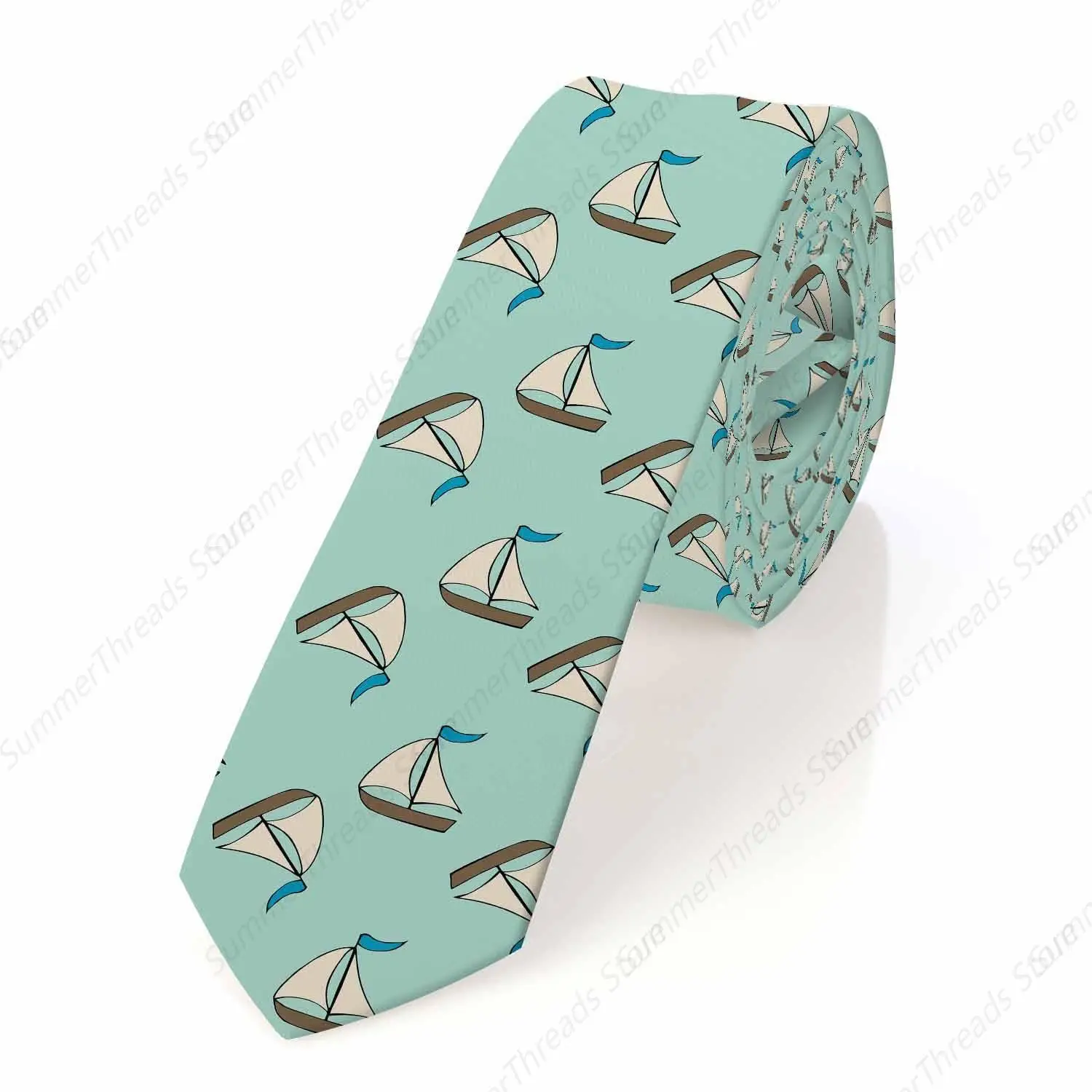 Blue Boat Mens Tie Nautical Sailboat Ship Marine Cartoon Ocean Men's Necktie for Formal Business Wedding