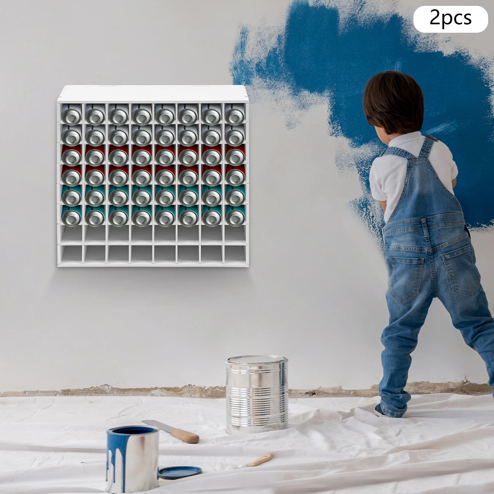 64 Grid Paint Organizer Storage Rack 2 Pack Wall-mounted Paint Bottle Holder 33LBS Load for Spray Cans/Markers/Art Tools