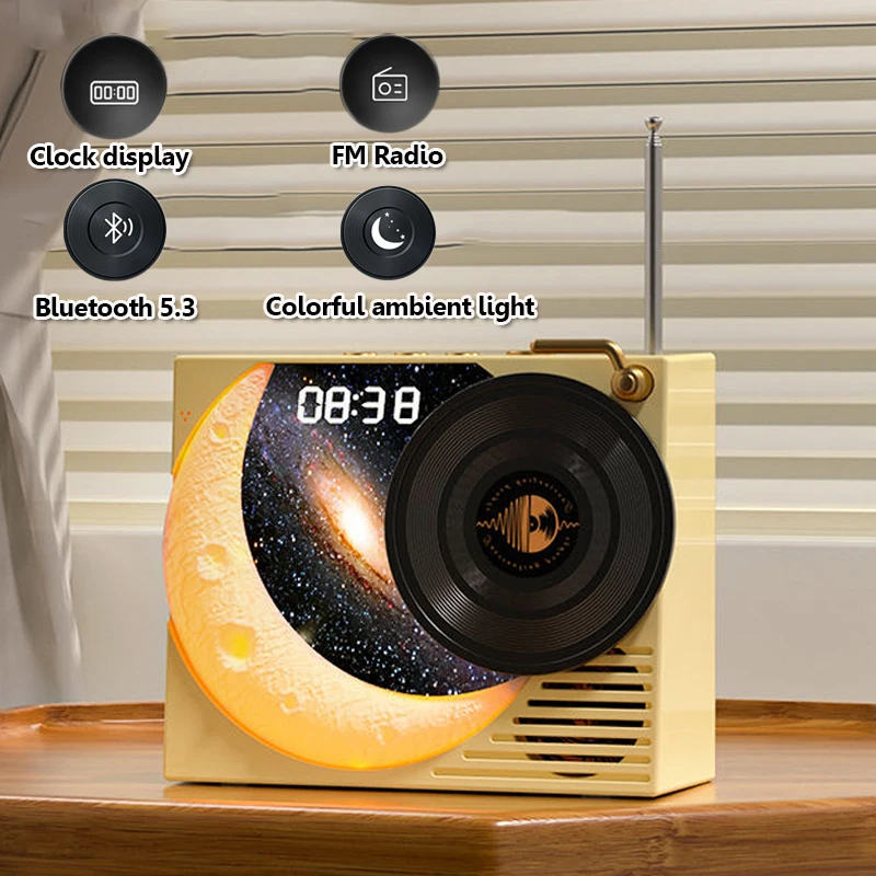 Portable Vintage Bluetooth Speaker Half-moon Ambient Light Surround Sound Music Box with LED Screen Support FM Radio Time Displa