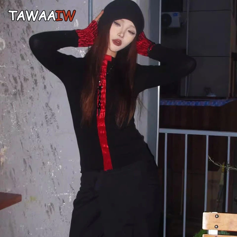 

Tawaaiw Patchwork Turtleneck Women's T-shirt Long Sleeve Gothic Autumn Tops 2000s Clothes Y2k Tees Female Clothing Goth Tshirt