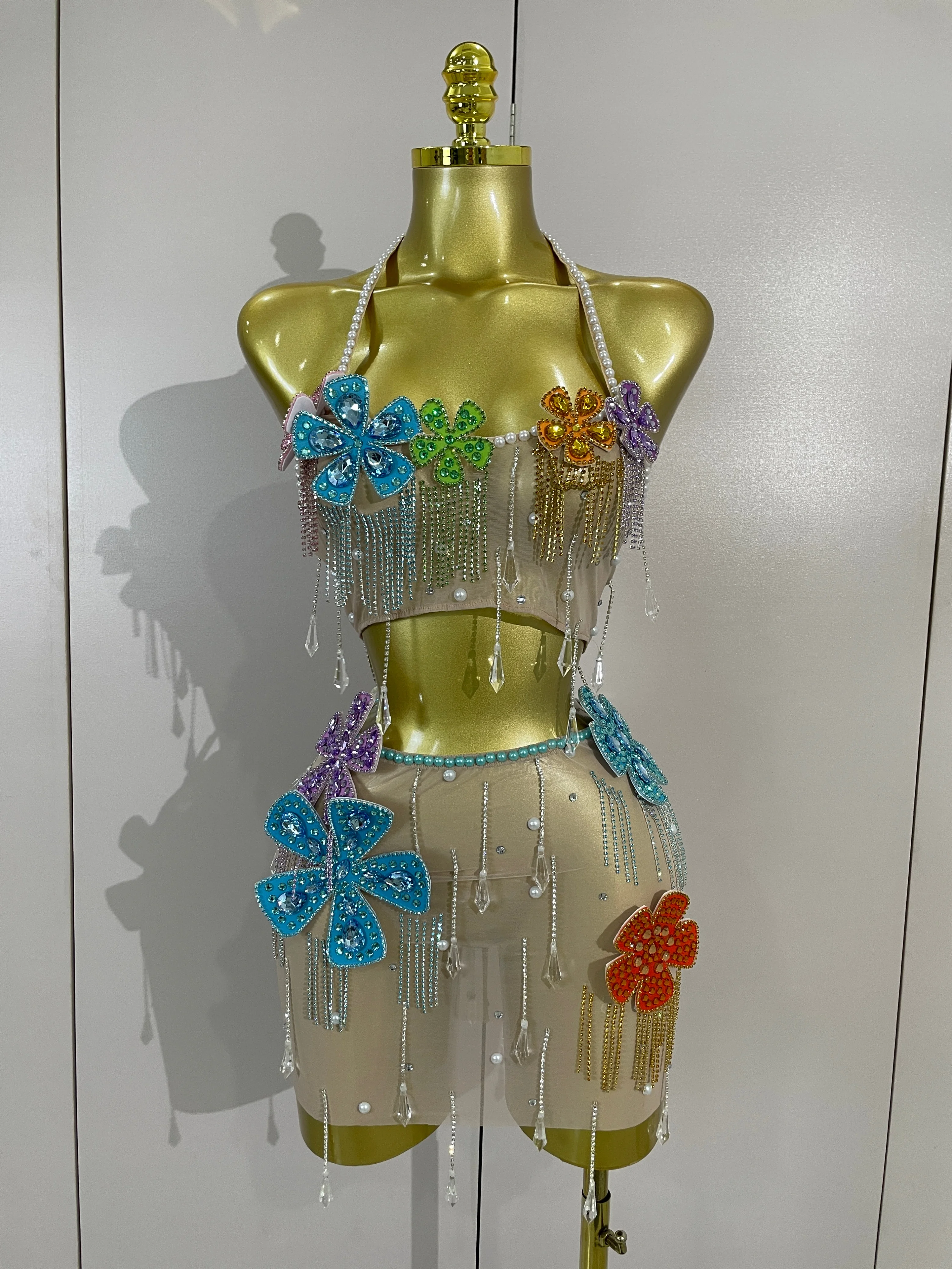 Sparkly Colorful Diamond Chain Pearl Transparent Top Mini Skirt Two Pieces Set Sexy Evening Party Birthday Photoshoot Stage Wear