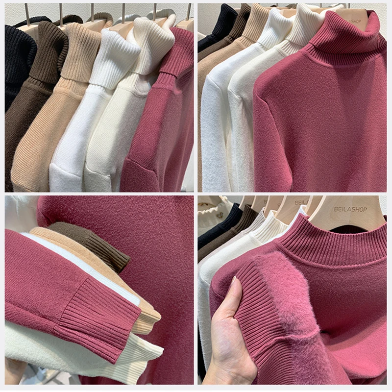 Suéter de punto de cuello alto para mujer, jerseys básicos ajustados, camisas cálidas forradas de terciopelo grueso, Tops suaves para mujer, Invierno