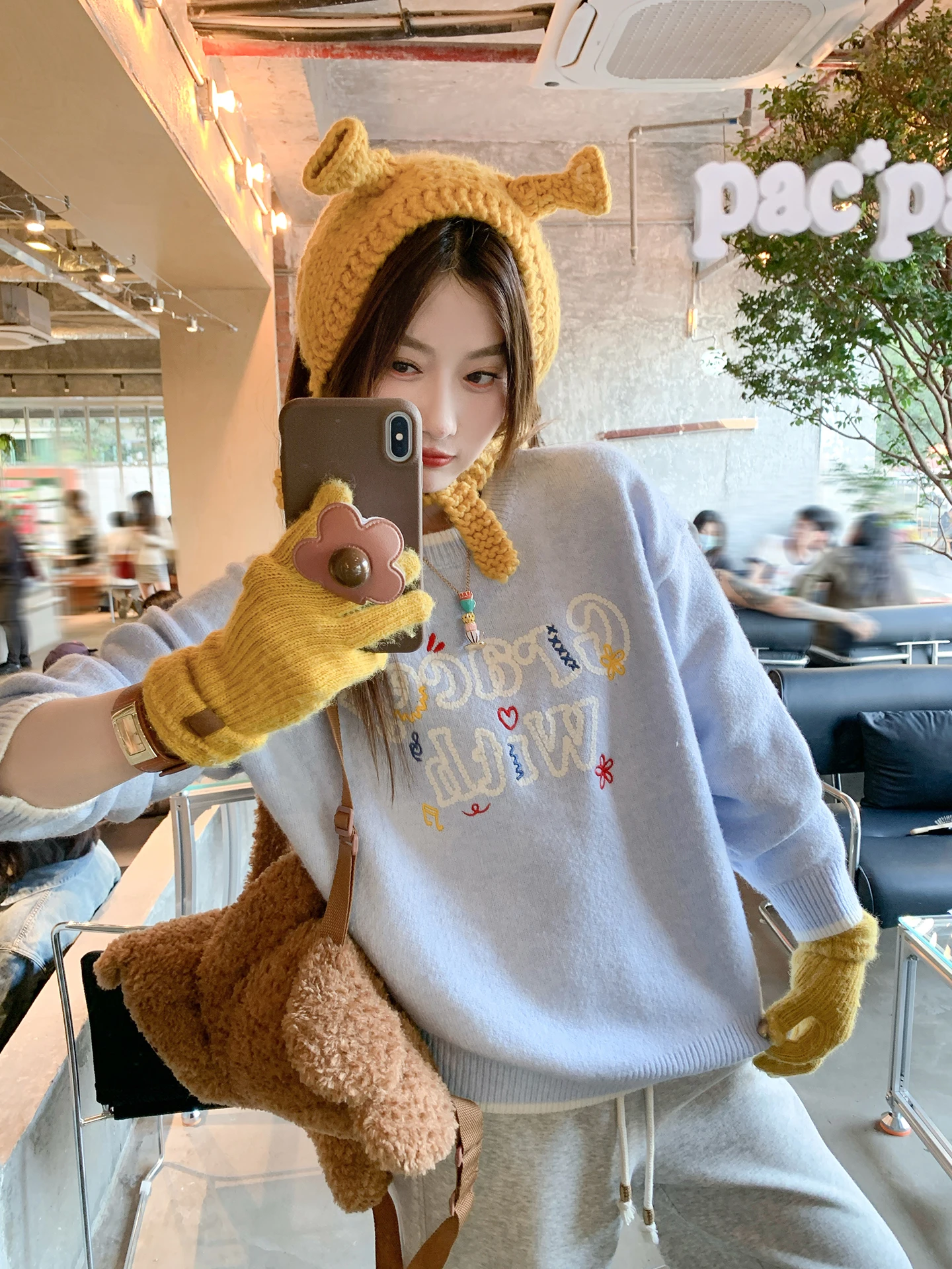 

Loose Blue Knitwear Women's Inner Wear Lazy Sle Winter Season Casual Comfortable Soft Polyester Blend Embroidered Top