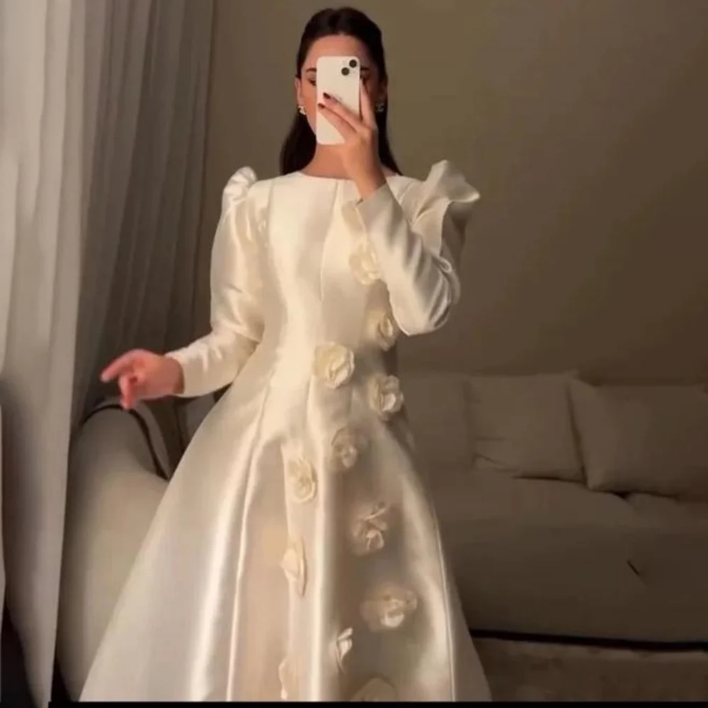 

Customized Exquisite Ruched Flower Applique Women Prom Dress O Neck Charming Ruffles Zipper Party Dress Women Evening Gown