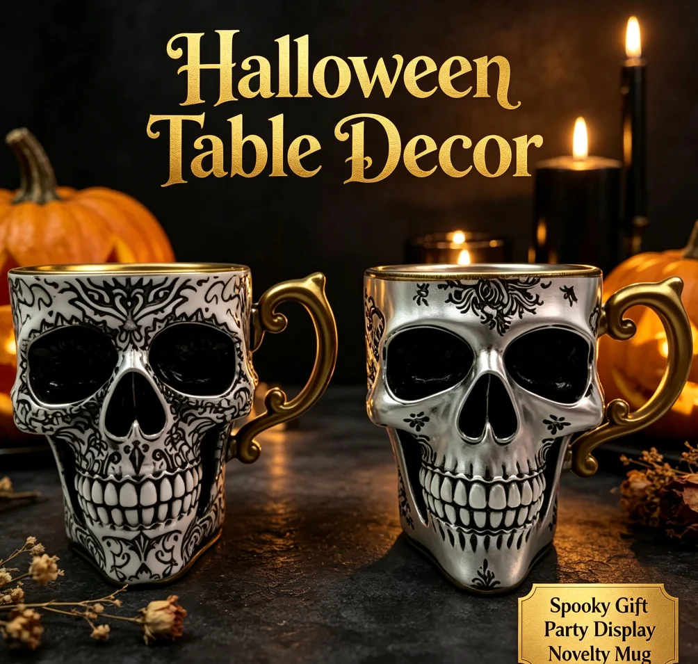 Halloween Gothic Skull Coffee Mug 3D Skeleton Cup Golden Handle Vintage Floral Decor Novelty Gift