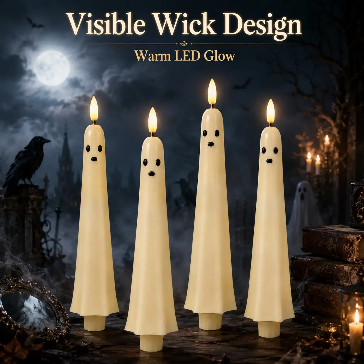 4 Pack Halloween Ghost Flameless LED Candles With Remote Control & Timer, Battery Operated Flickering Candles For Spooky Party, Haunted House, Fireplace Mantel & Halloween Home Decor (Batteries Not Included)