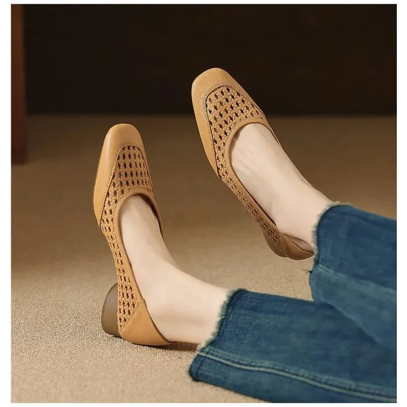 2025 New Style Elegant Open Toe High Heel Women's Summer Leather Square-Toe Low Heel Shoes