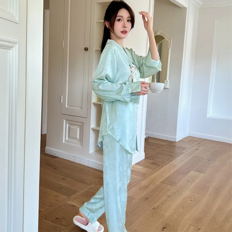 2024 Spring New Light Luxury Ice Silk Pajamas Set Women\'s Chinese Thin Simulated Sleepwear Silk National Style Home Clothing