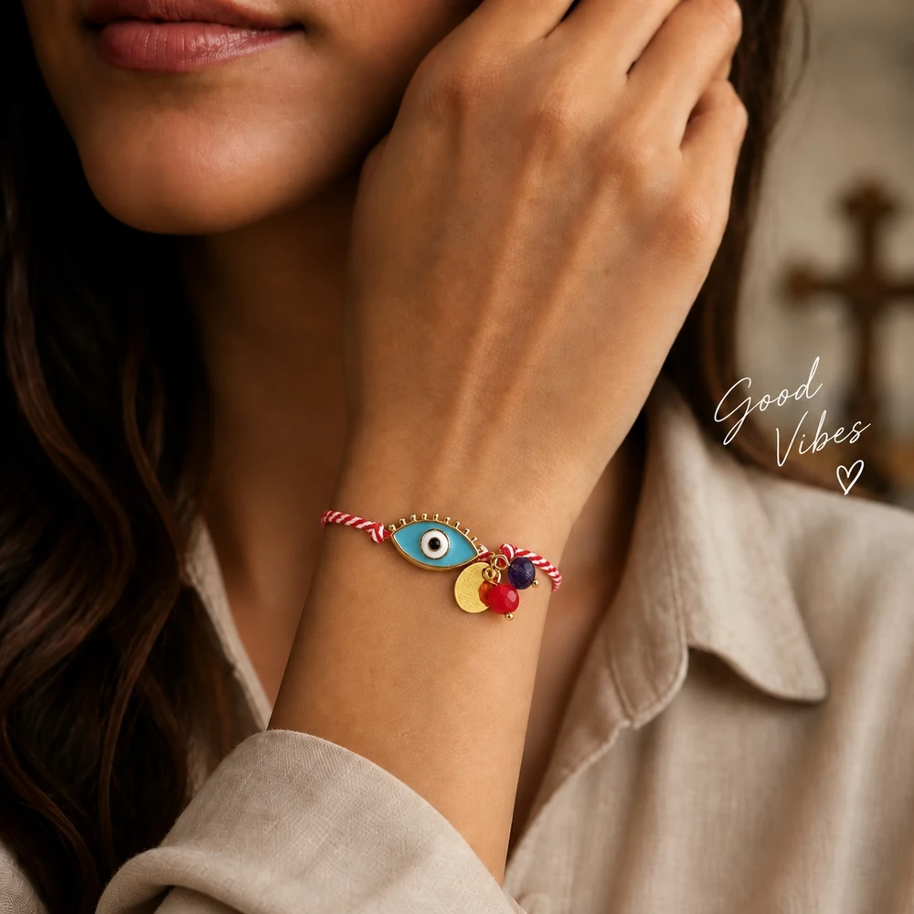 1pc Adjustable Red White Braided Yarn Strand Bracelet with Blue Eye Geometric Zinc Alloy Charm for Unisex Trendy Style