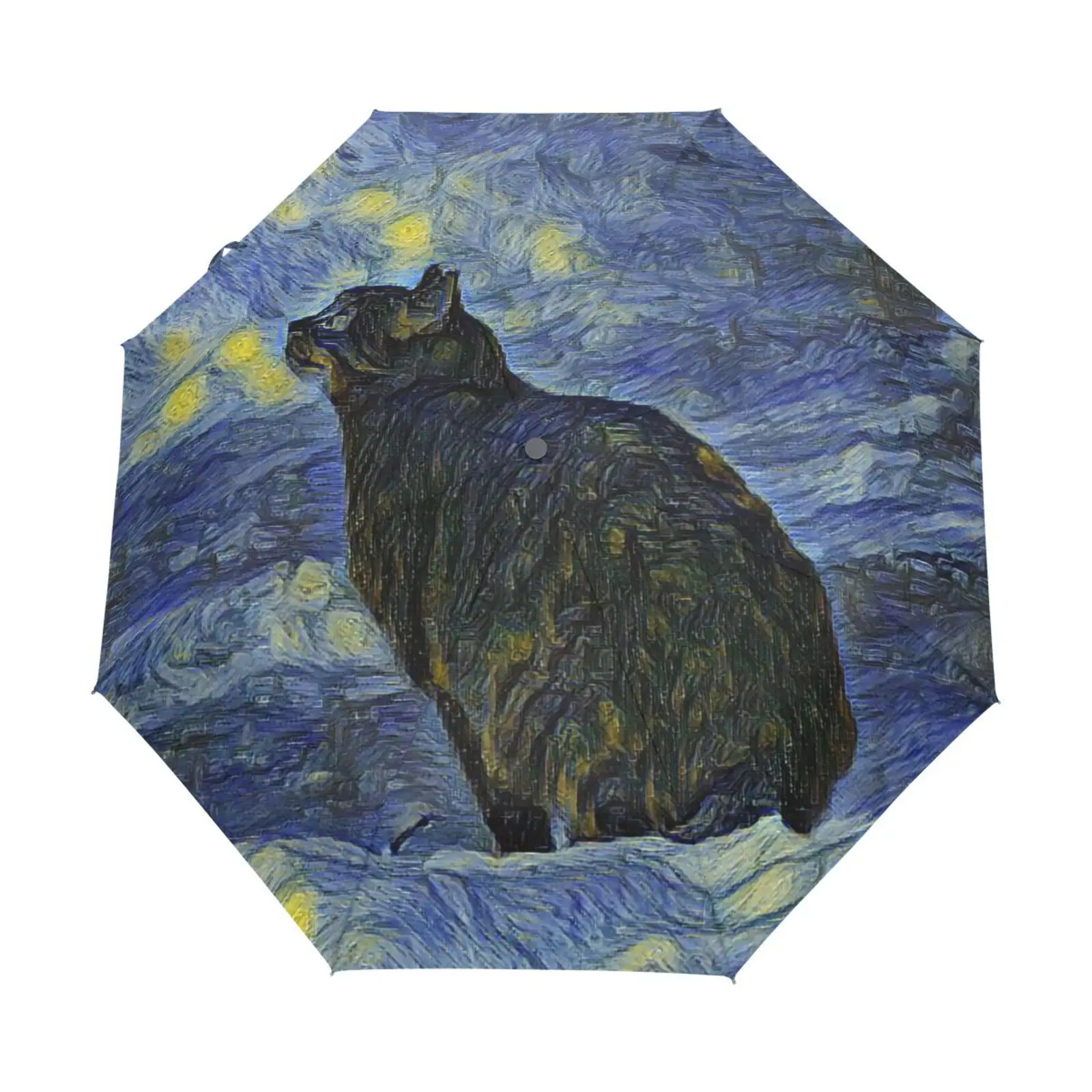 

Starry Sky Cat Print Fully Automatic Rain Umbrella Parasol Sun Protection Folding Umbrella Against The Sun Inside Black Coating