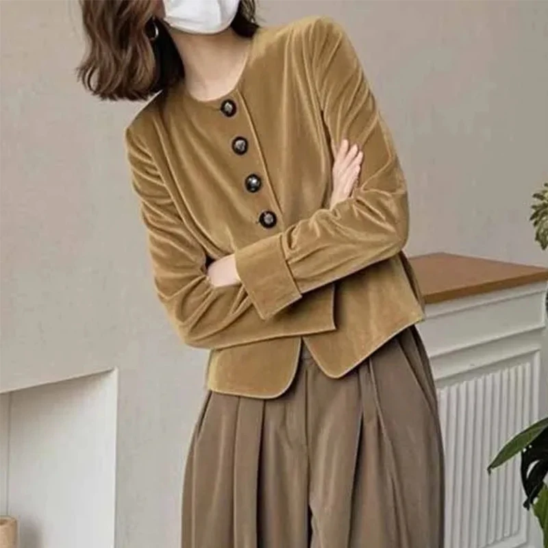 

Женская бархатная куртка на одной пуговице, легкая, элегантная, универсальная верхняя одежда для весны и осени, модный высококачественный образ