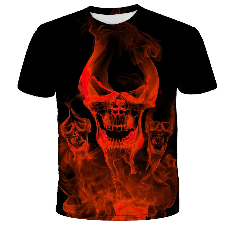 Summer Fashion New Red Flame Perspective Skull Full Print Short Sleeve Loose Dark Wind Speed Dry Men's T-shirt