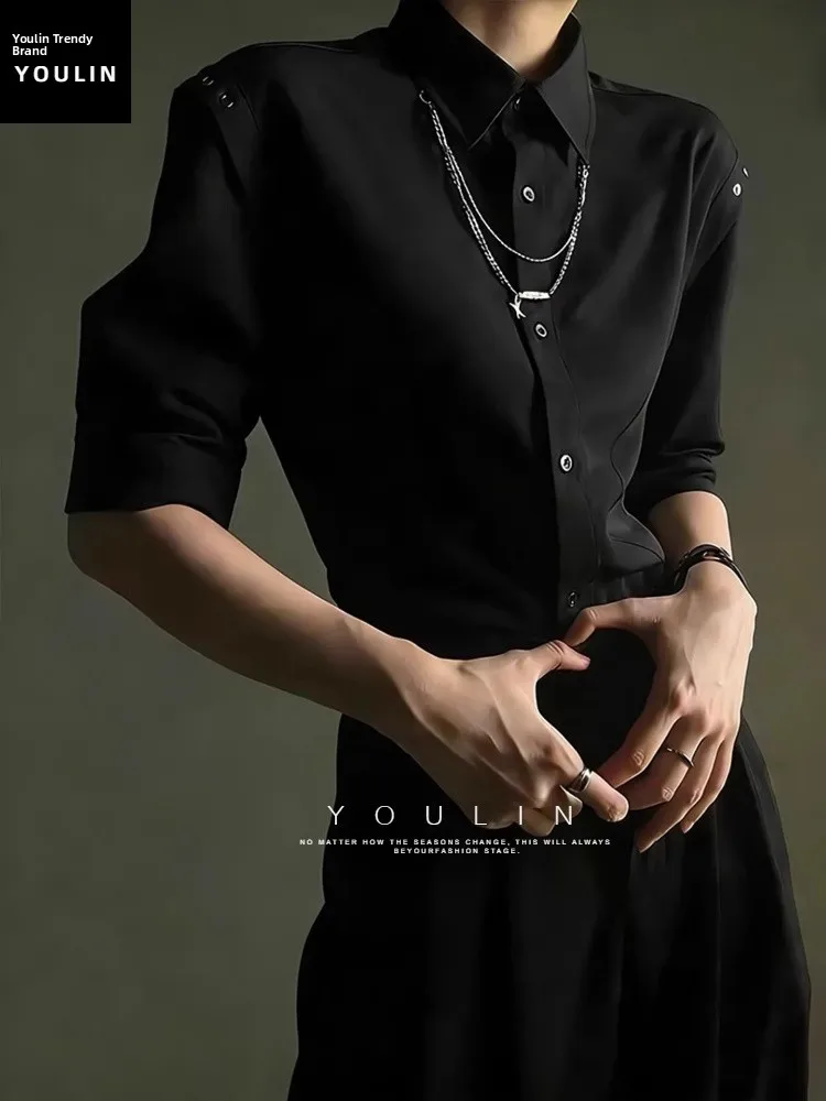 

Black Long Sleeve Shirt Youthful Trendy Dapper V-Neck Button-Up Men's Fashion Autumn Wear Polyester Fiber Thickened Inner