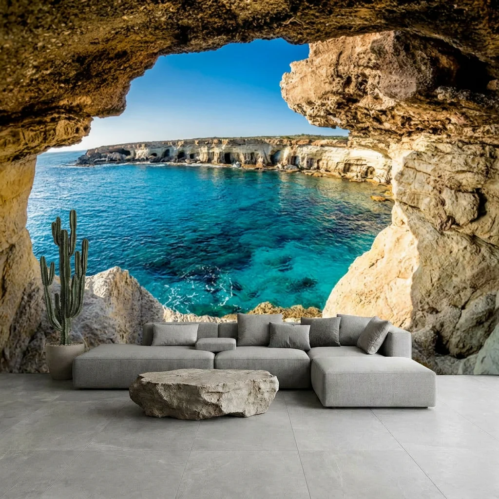 Natural cave framing, azure blue seawater, and distant coastal cliffs, bedroom background wall, self-adhesive material.