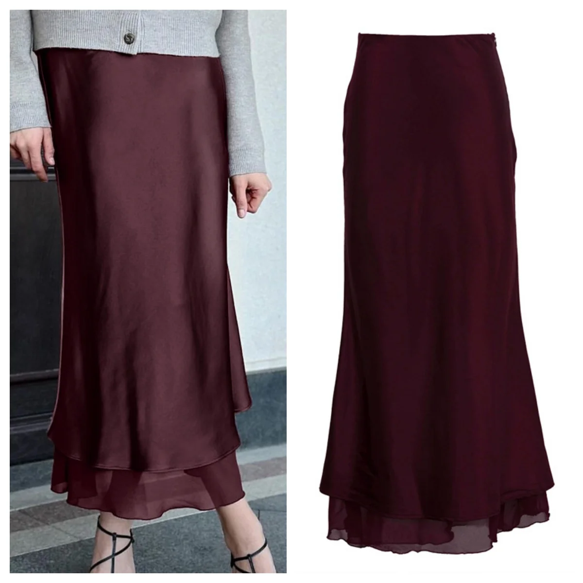 

Fall Fashion Loose Wine Red Satin Skirt For Women 2025 Casual High Waist Midi Skirts Elegant Classic Patchwork Skirt Female