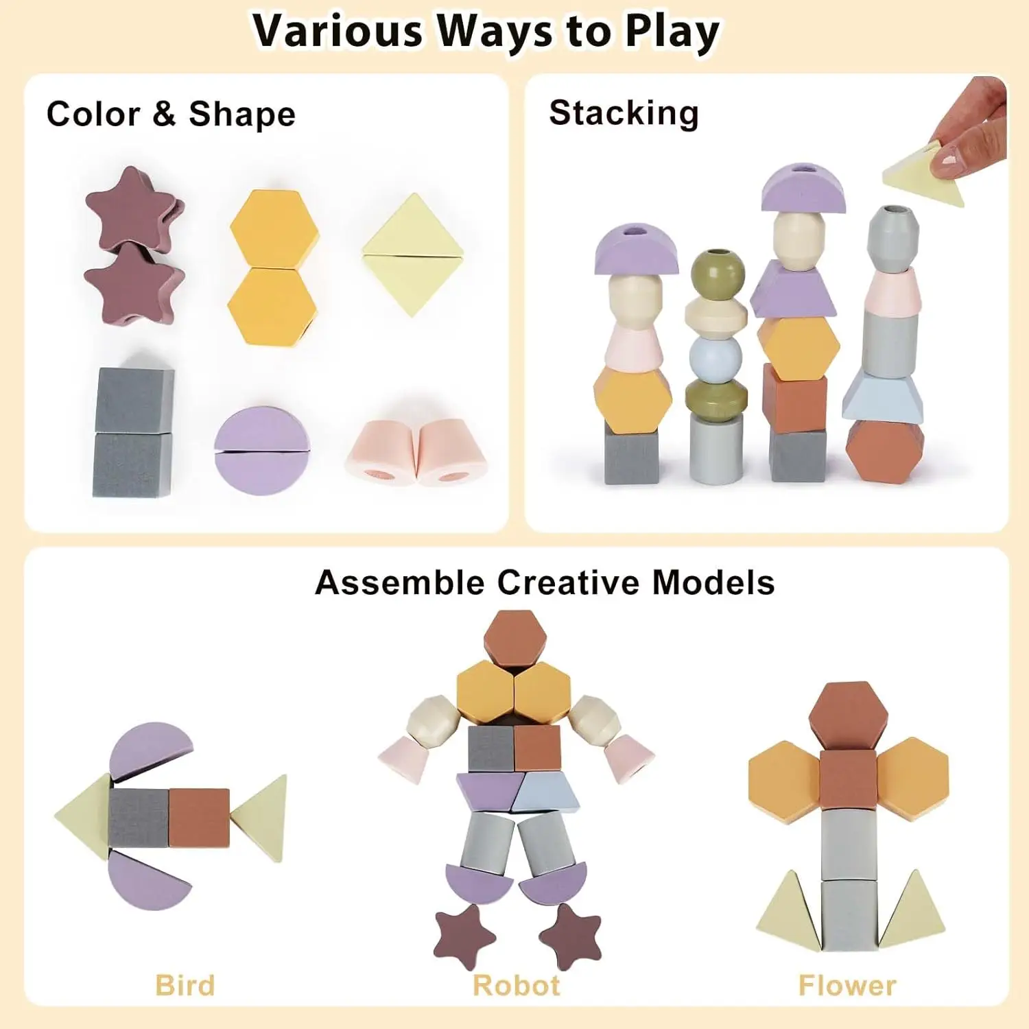 Montessori Toys for 3 Year Old - Wooden Lacing Beads & Stacking Blocks Toys for 3 4 5 Year Old Girl Boy Easter Birthday Gifts, P