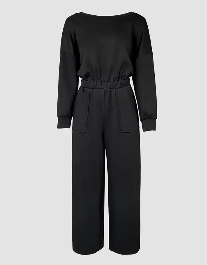 Jumpsuit Women 2025 Spring New Drop Shoulder Long Sleeve Contrast Lace Backless Overalls Casual Elastic Waist Wide Leg Jumpsuit