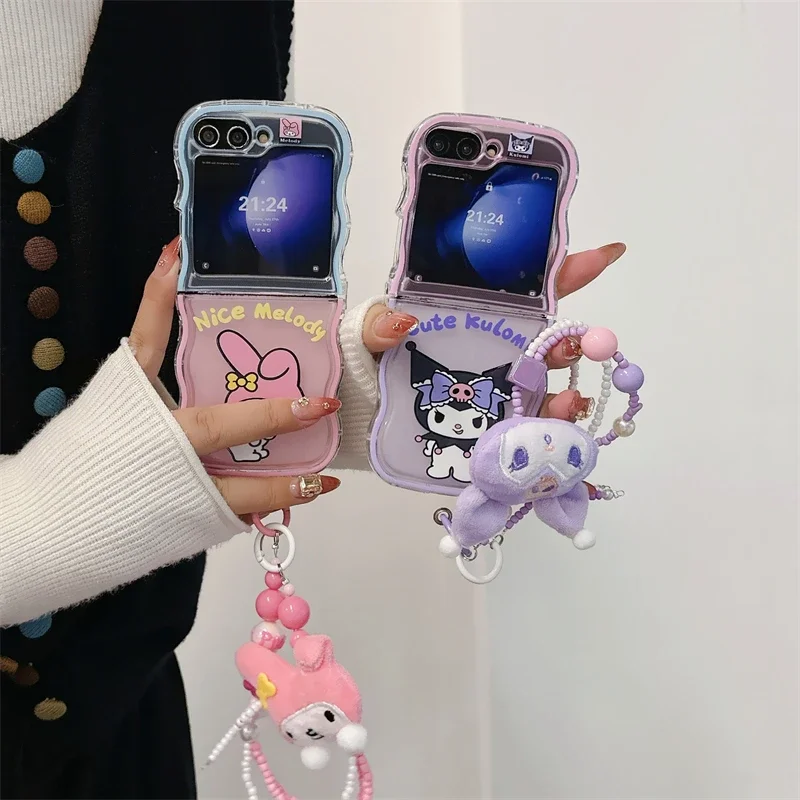 Cute Sanrios My Melody Kuromi with Lanyard Phone Case for Samsung Galaxy Z Flip 3 4 5 6 5G PC Hard Anti-drop Back Cover Funda