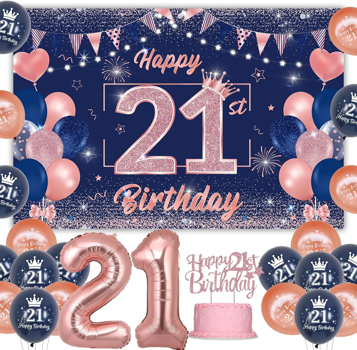 

Happy 21st Birthday Party Decor Backdrop Banner for 21 Years Old 21th Cake Topper Balloons for Her Sweet 21st Anniversary Party