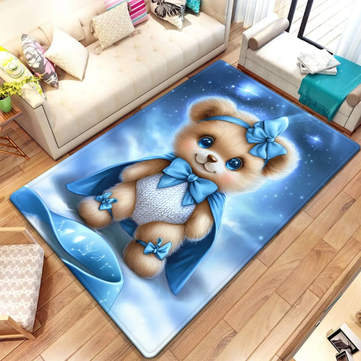 

Cute blue bow bear cartoon rug for kids room nursery baby play mat soft non slip floor covering child safe area rug plushcrystal