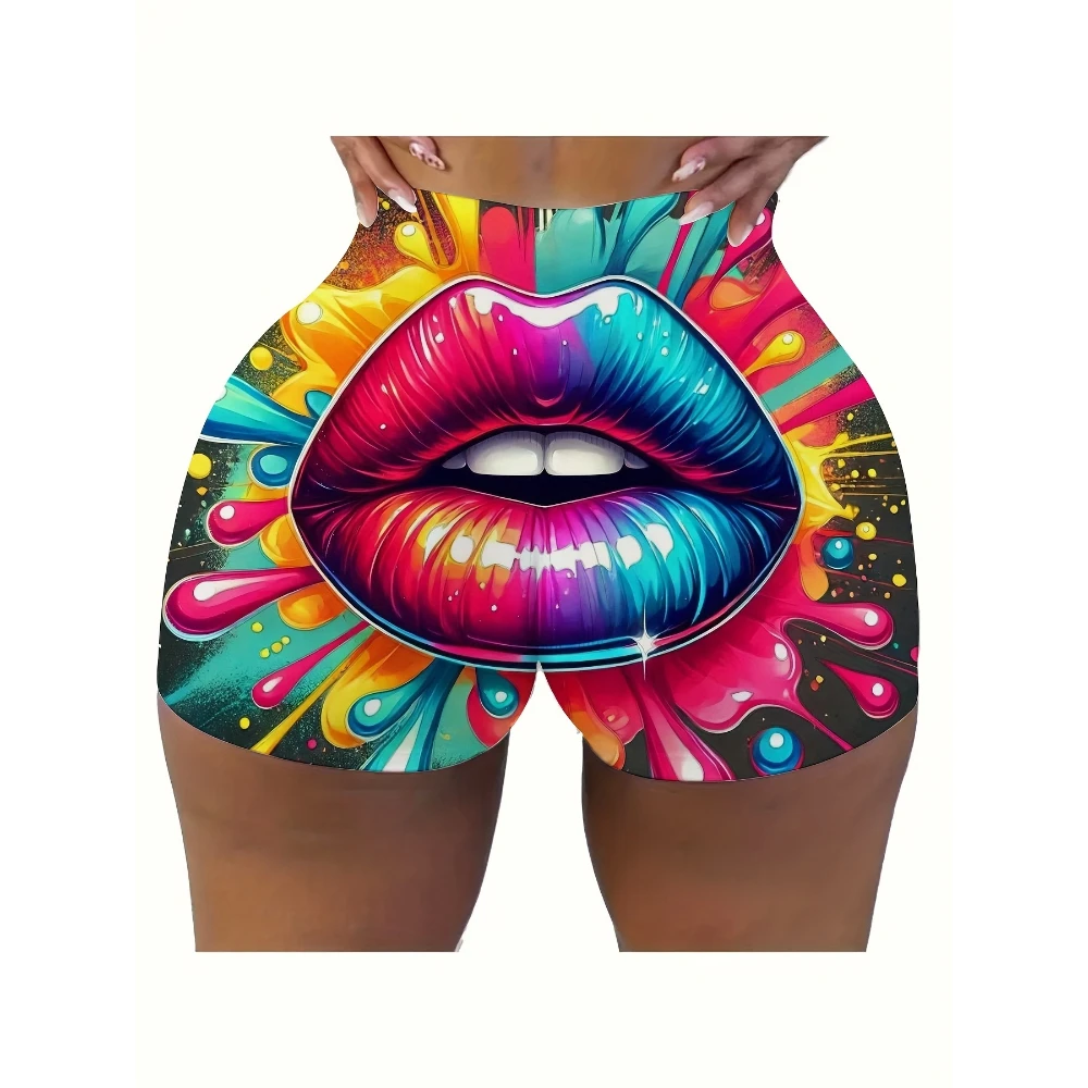 

Женские эластичные шорты для бега для йоги с радужными губами, шорты для тренировок, непрозрачные спортивные шорты средней длины с графикой