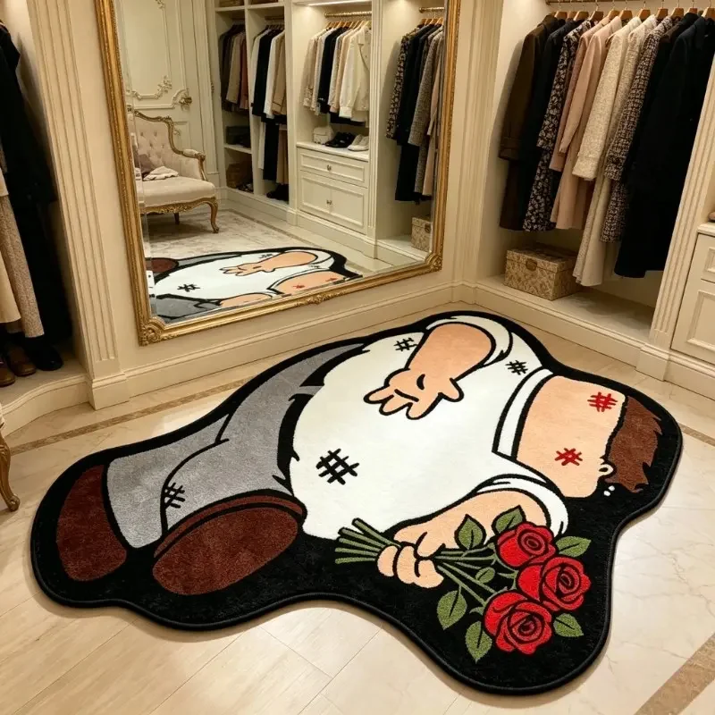VIKAMA Trendy Cartoon Figure Rug Boy With Red Roses Irregular Fluffy Floor Mat Bedroom Gaming Room Home Decor