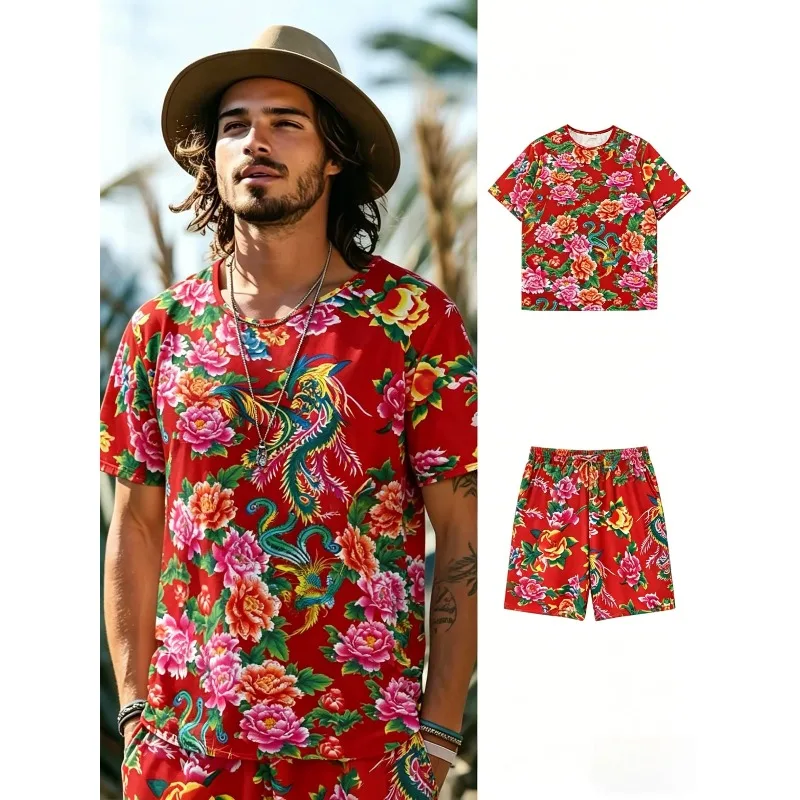 

Chinese Style Floral Peacock Print Tracksuit Men's Casual Summer Vacation Streetwear T-shirt Shorts Set Hawaiian Vacation Wear