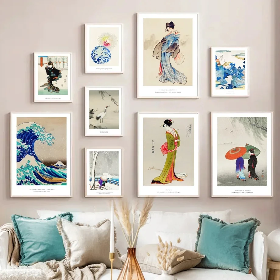 Japanese Style Kimono Woman Geisha Crane Waves Wall Art Canvas Painting Nordic Posters and Prints Decor Pictures for Living Room