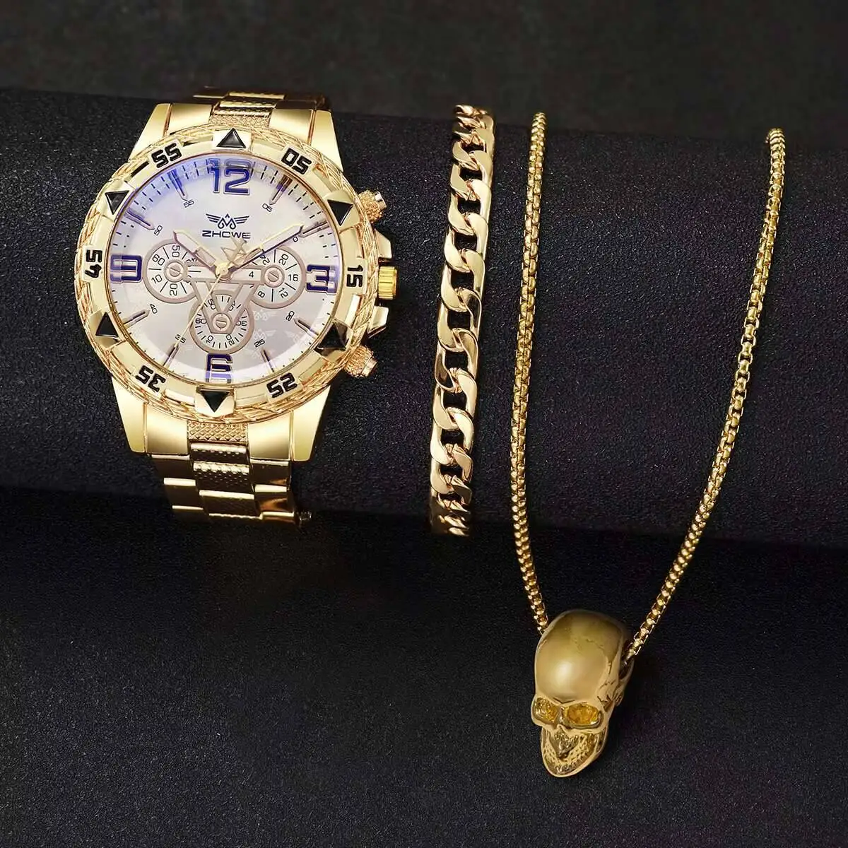 男性用ステンレススチールクォーツ時計,ラージダイヤル,ビジネスジュエリーセット,ボックスなし,ファッション,3個