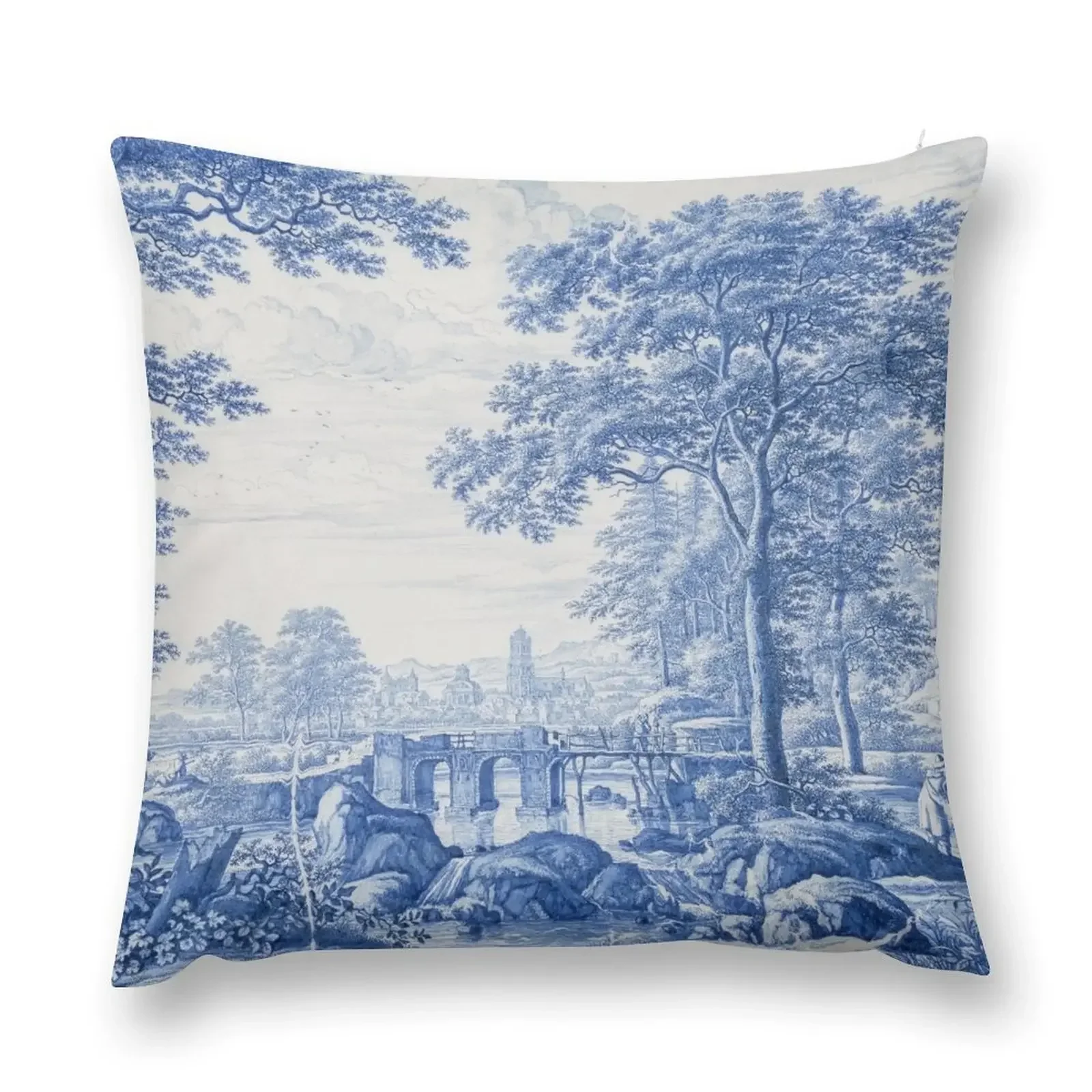 Blue Toile French Blue and White Coastal Grandmother Grandmillenial Design Vintage Antique Artwork Art Print of a P Throw Pillow