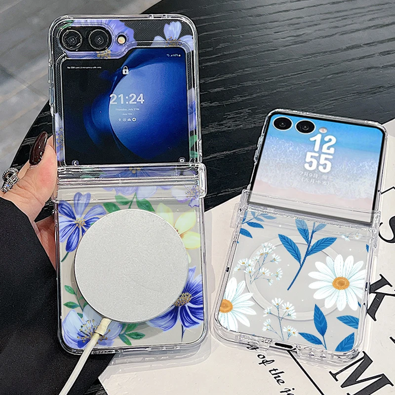 Small Flower Pattern Magnetic Phone Case For Samsung Galaxy Z Flip 8 7 FE 6 5 4 For Magsafe Wireless Charging Clear Hard Cover