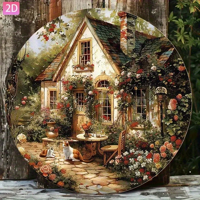 Charming Rural Cabin Scene with Cat and Vintage Flowers - 8x8 Inches (20x20cm) Aluminum Plate for Kitchen, Bar, Bedroom, Outdoor