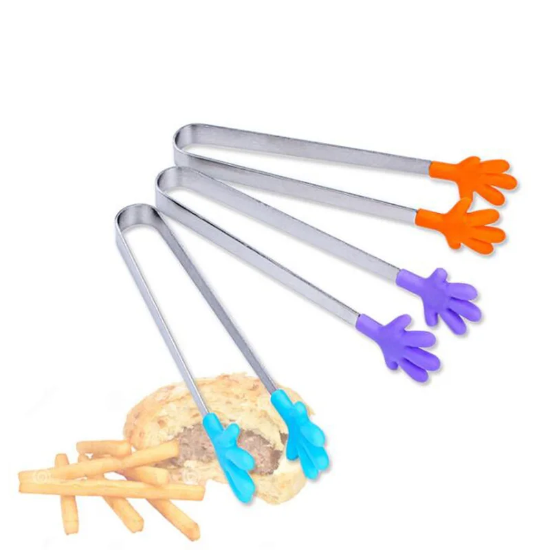 200Pcs Mini Silicone Food Clip Salad Serving BBQ Tongs Stainless Steel Handle Utensil Creative Hand Shape Kitchen Cooking Tools