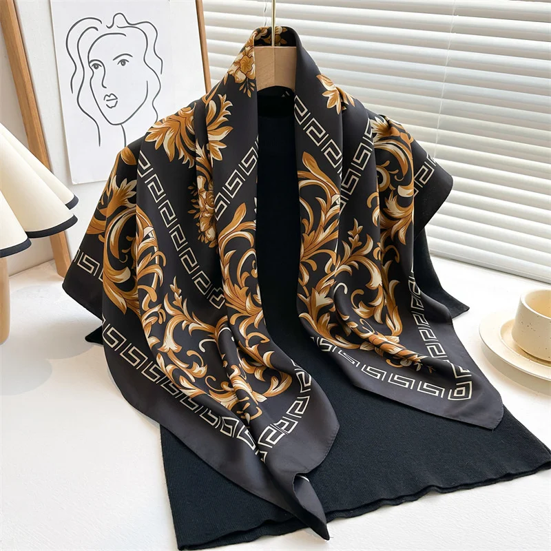 

Luxury Retro Ethnic Style 90cm Printed Large Square Scarf Twill Silk Headscarf All-Match Sunscreen Shawl for Women