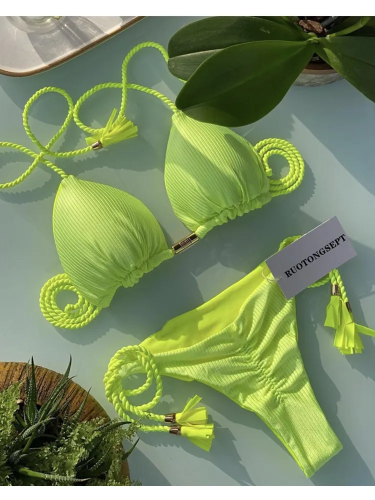 Damskie bikini Nowy specjalny materiał Jednokolorowy strój kąpielowy z liną Wielokolorowy