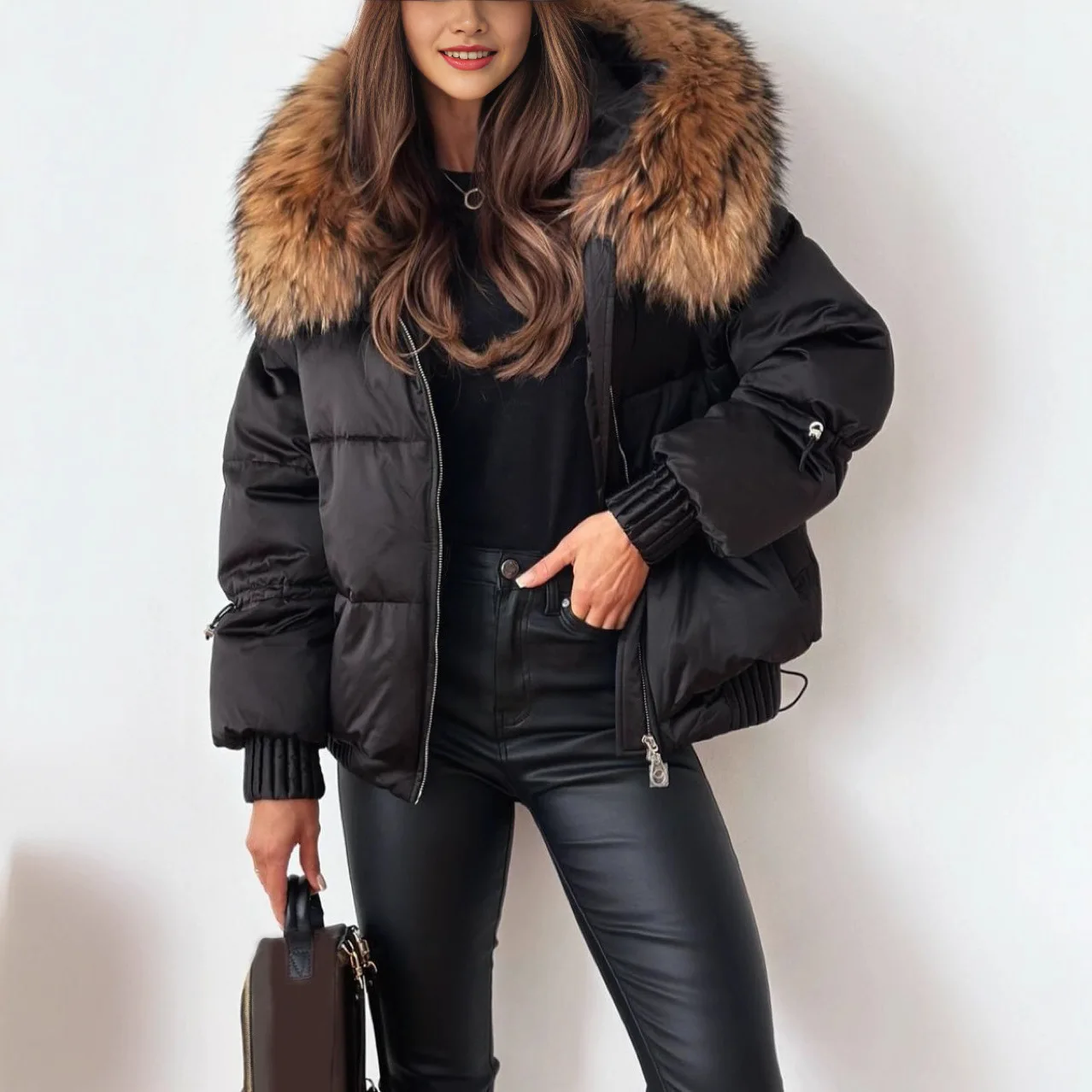 

2025 B7k Winter Cotton Jacket for Women, New Winter Style with Large Fur Collar, Simple Thickened Warm Outerwear