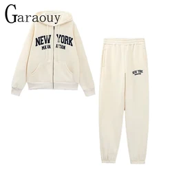 Garaouy 2023 Spring Woman Loose Hooded Zipper Embroidery Sweatshirt Jacket Casual Sports Coats + Elastic High Waist Sweatpants