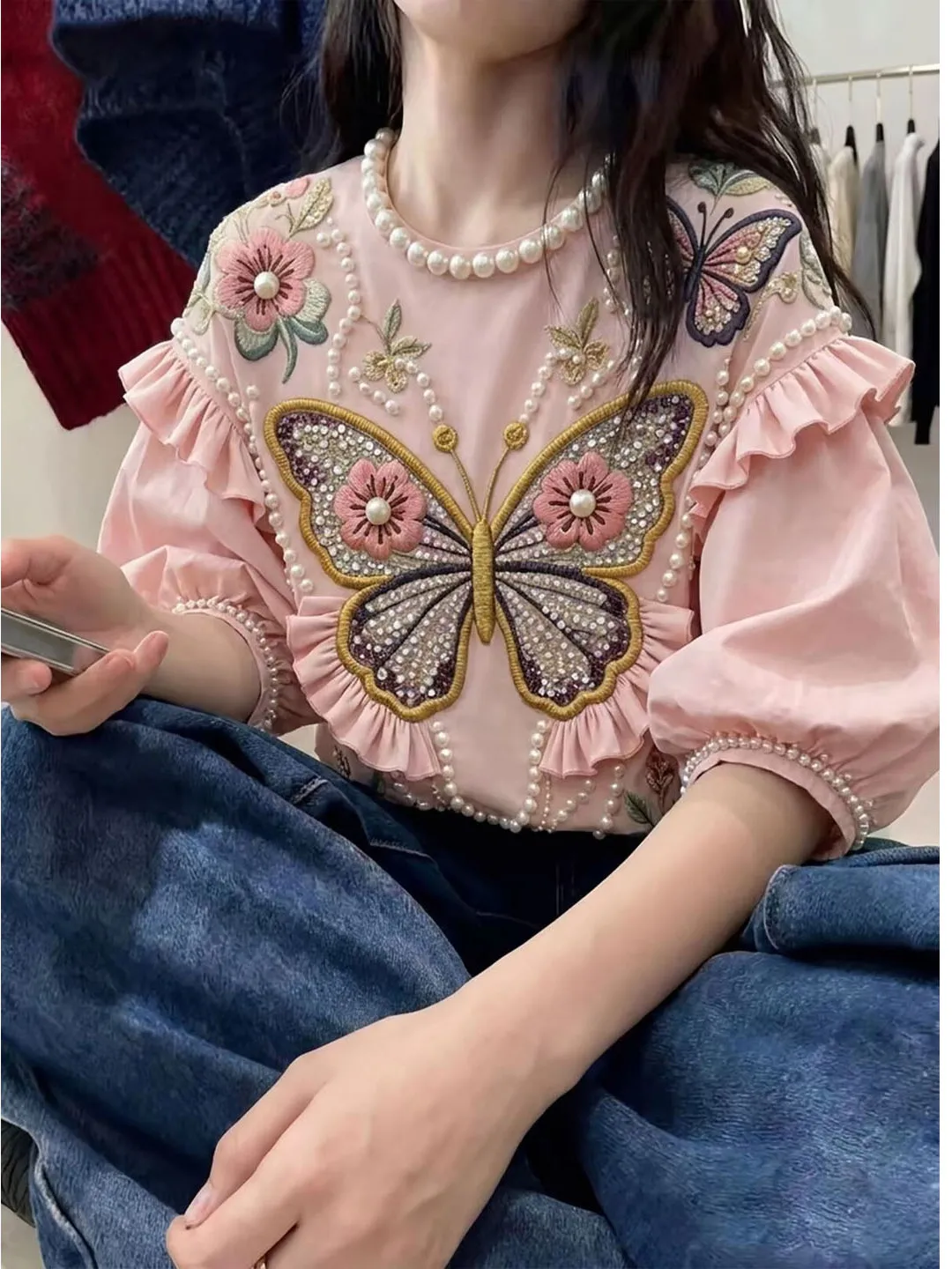 Summer 2026 Women's Loose Fit T-Shirt Embroidered Ruffle Sleeve Patchwork Vintage Style Casual Top Korean Style Bubble Sleeve