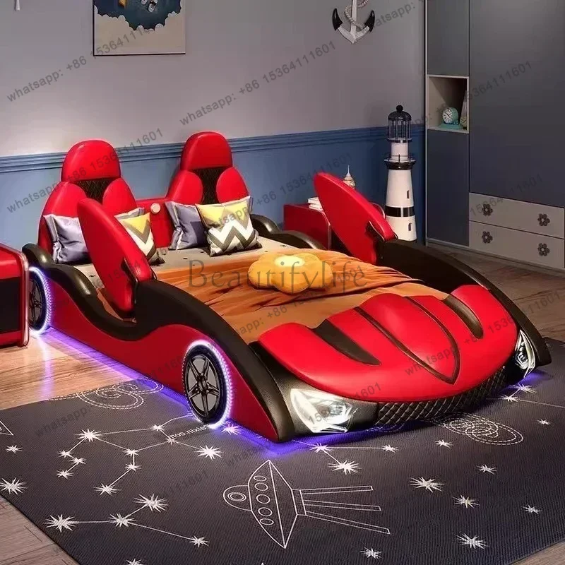 PG small apartment solid wood single bed storage racing double bed150x200cm bedroom furniture﻿﻿﻿ Children's boy cartoon car bed